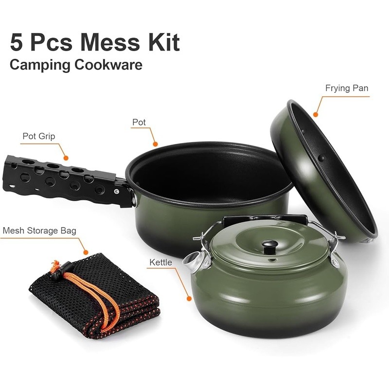 5pcs Camping Cookware Set Non-Stick Pot Pan Kettle Removable Handle Backpacking