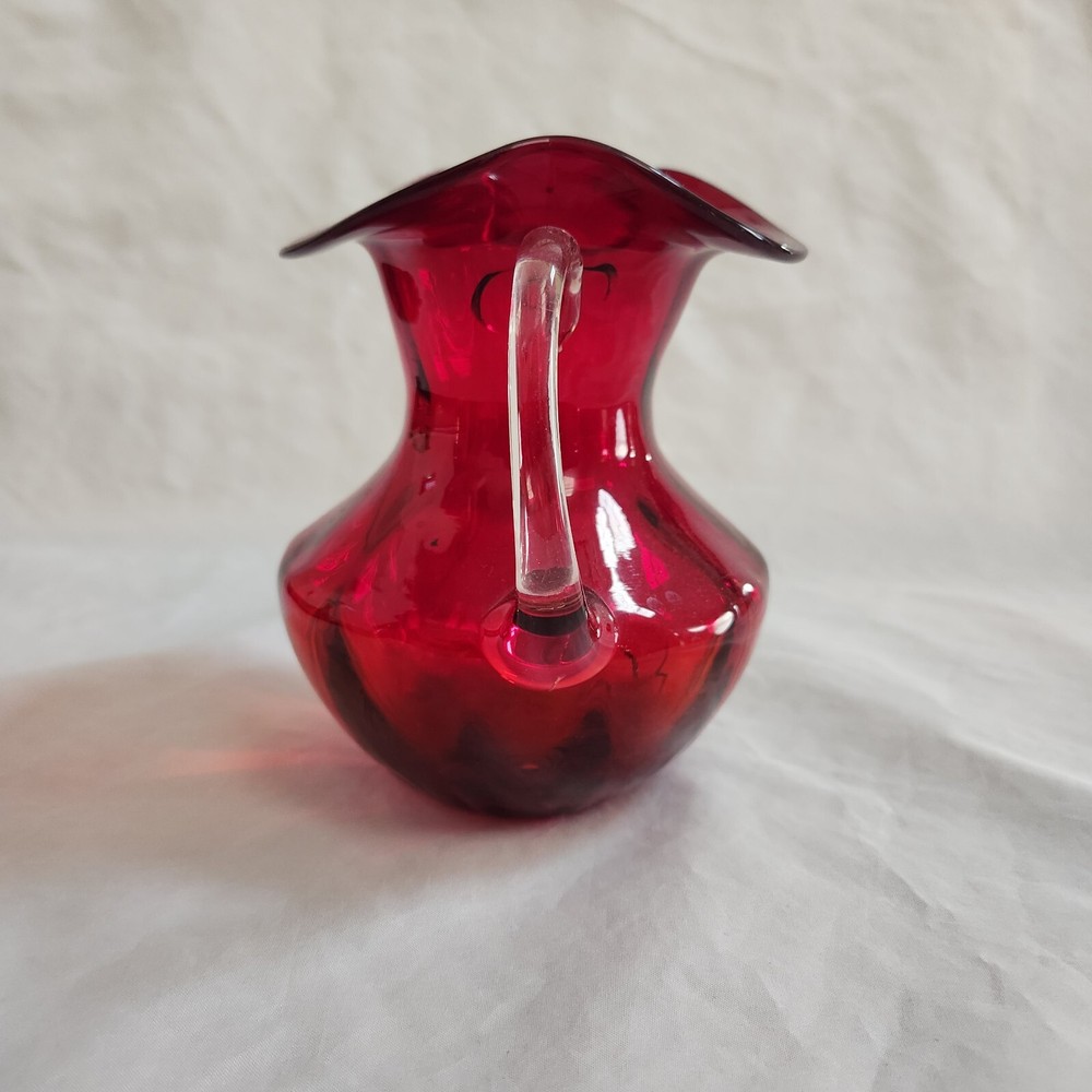 Vintage Ruby Red Small Pitcher Ruffle Top Art Glass Applied Clear Handle AS IS