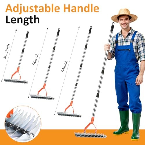 Thatch Rake -15 Inch Dethatcher Rake with Adjustable Handle, Efficient Steel