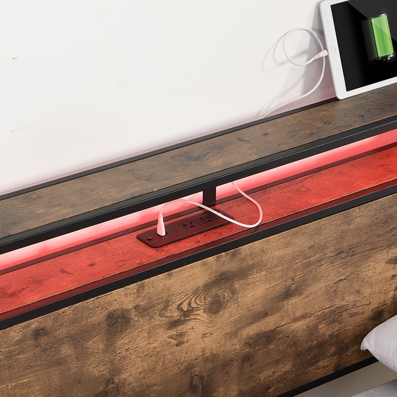 Full Size Bed Frame w/ Storage Headboard &Charging Station &LED Light