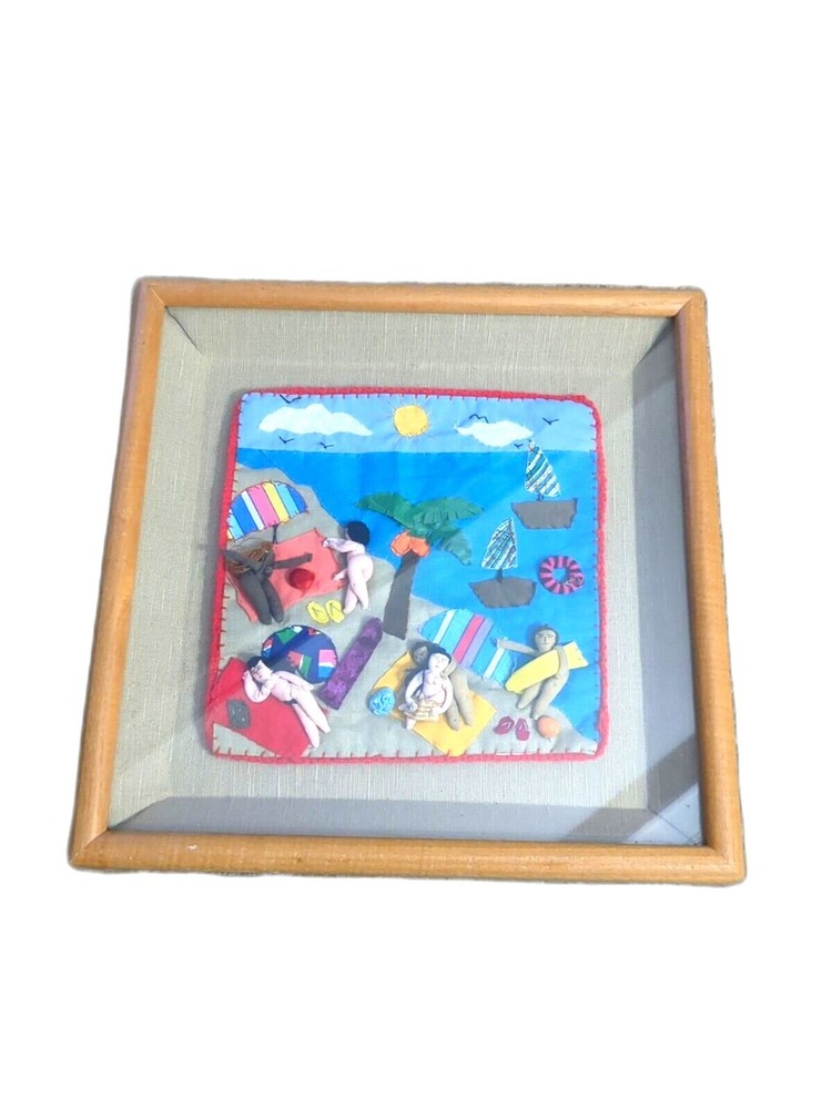 Beach Arpillera Patchwork 3D Handmade Framed  Wall Art Peruvian Quilted