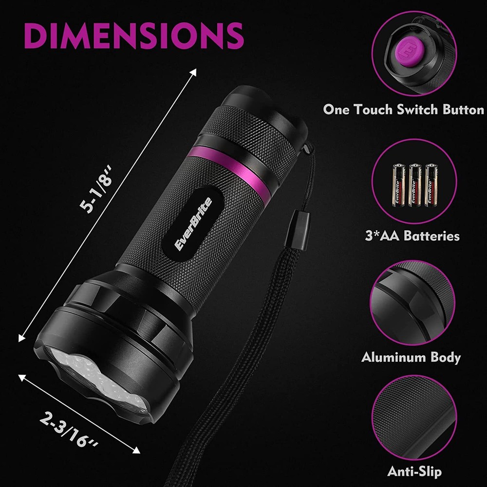 EverBrite Black Light Flashlight UV Flashlights Batteries Include Aluminum LED