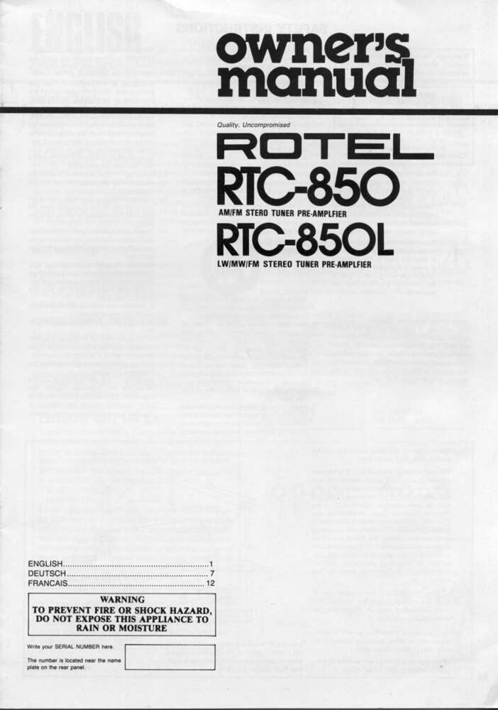 Rotel RTC-850-L Tuner Owners Manual