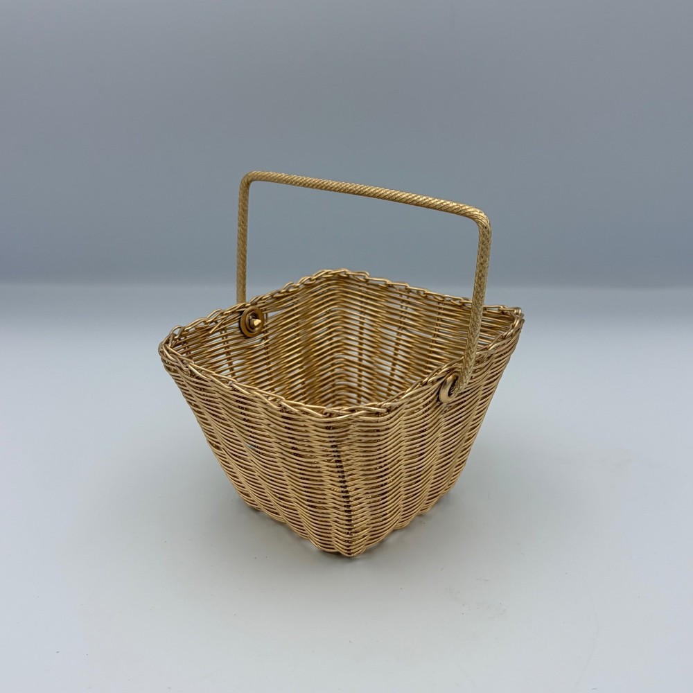 Gold Wire Woven Square Basket With Handle Trinket Candy Storage Organizer