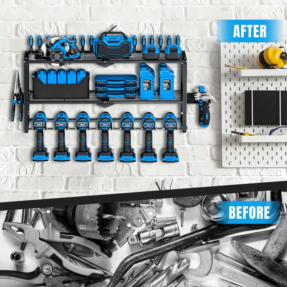 SecureElastic Heavy Duty Power Tool Organizer Wall Mount - 3 Tier Metal Tool ...