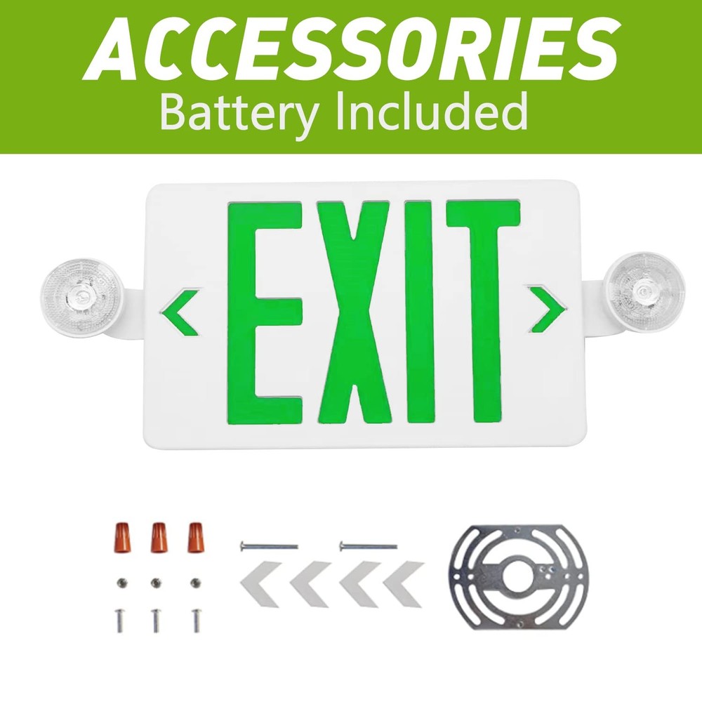 OSTEK Green LED Exit Sign with Emergency Lights, Two Adjustable Head Emergenc...