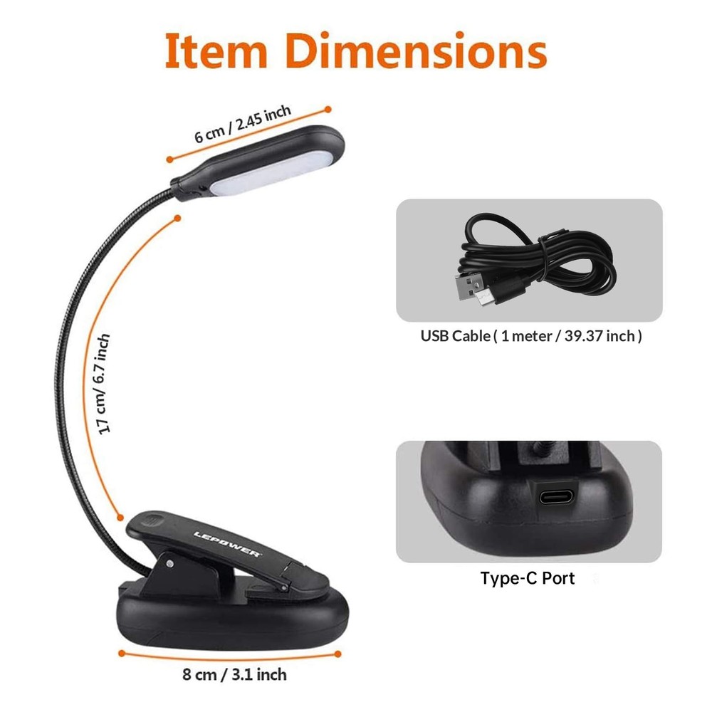 LED Clip On Book Light 5 LED 3 Modes USB Reading Lamp