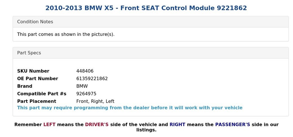 2010-2013 BMW X5 - Front SEAT Control Module 9221862