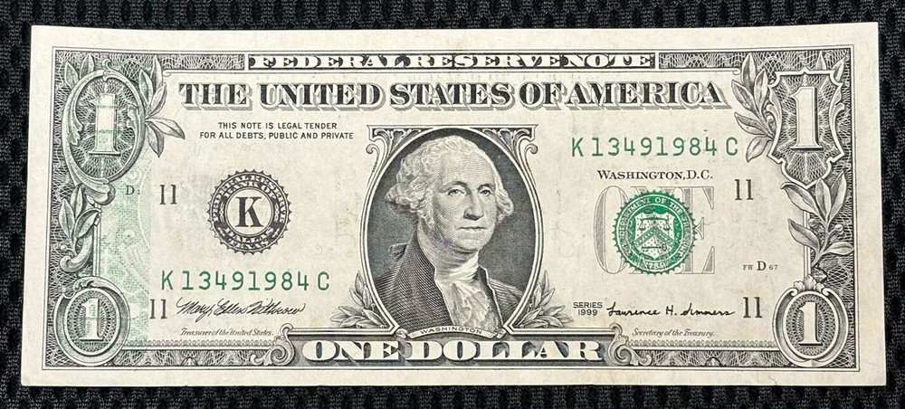 1999 $1 Federal Reserve Note *ERROR* Partial Back to Face Offset Printing Error