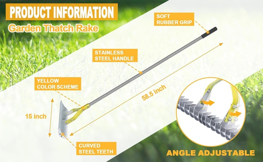 Adjustable Angle 15-Inch Thatching Rake with Lightweight Stainless Steel Design