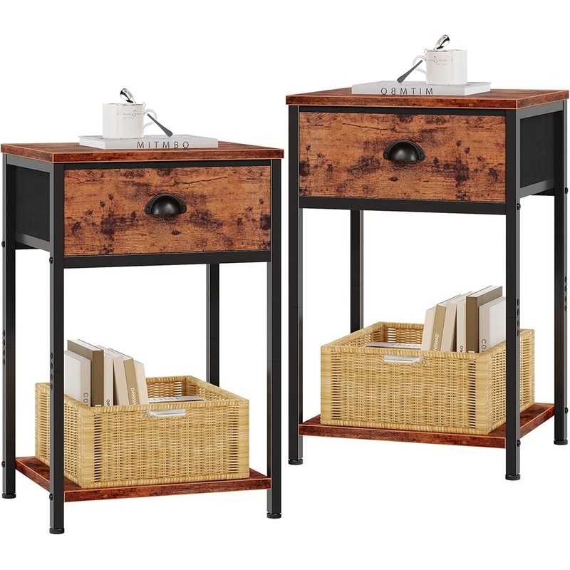 Sturdy Nightstand W/ Fabric Drawer Open Shelves Multi-function Side Table Brown