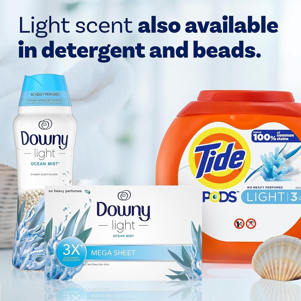 Downy Light Mega Dryer Sheets, Fabric Softener Dryer Sheets, Ocean Mist, 130 Cou
