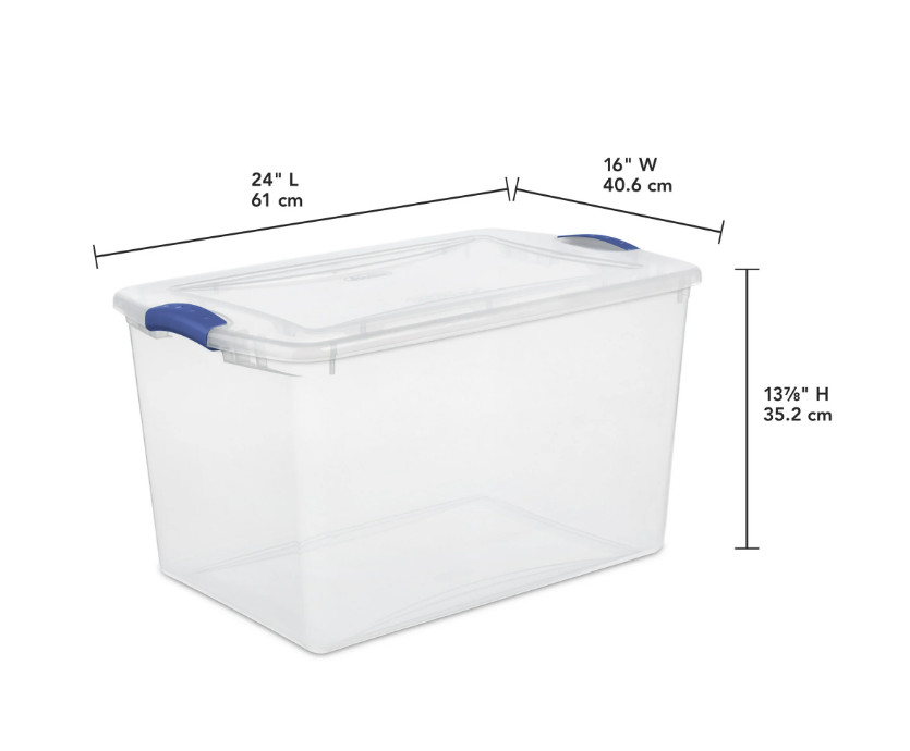 66QT Large Latching Storage Bin, Clear Plastic Container with Blue Lid