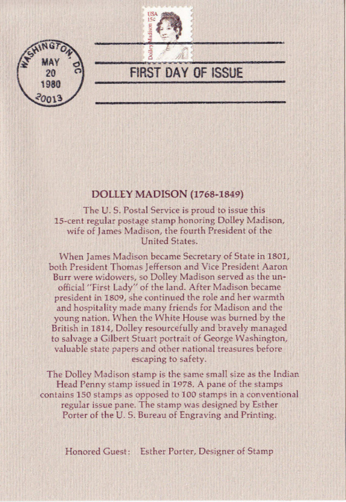 USPS FDC Ceremony Program #1822 C1 Dolley Madison First Lady 1980
