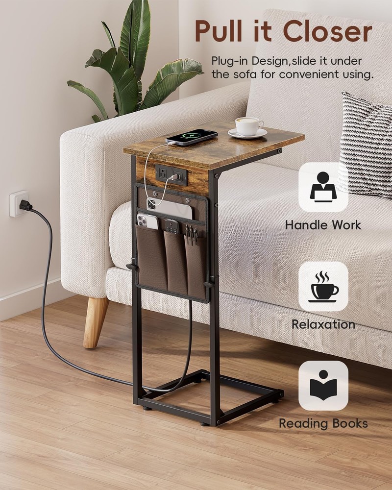Vagusicc C Shaped End Table with Charging Station, Adjustable Rustic Brown