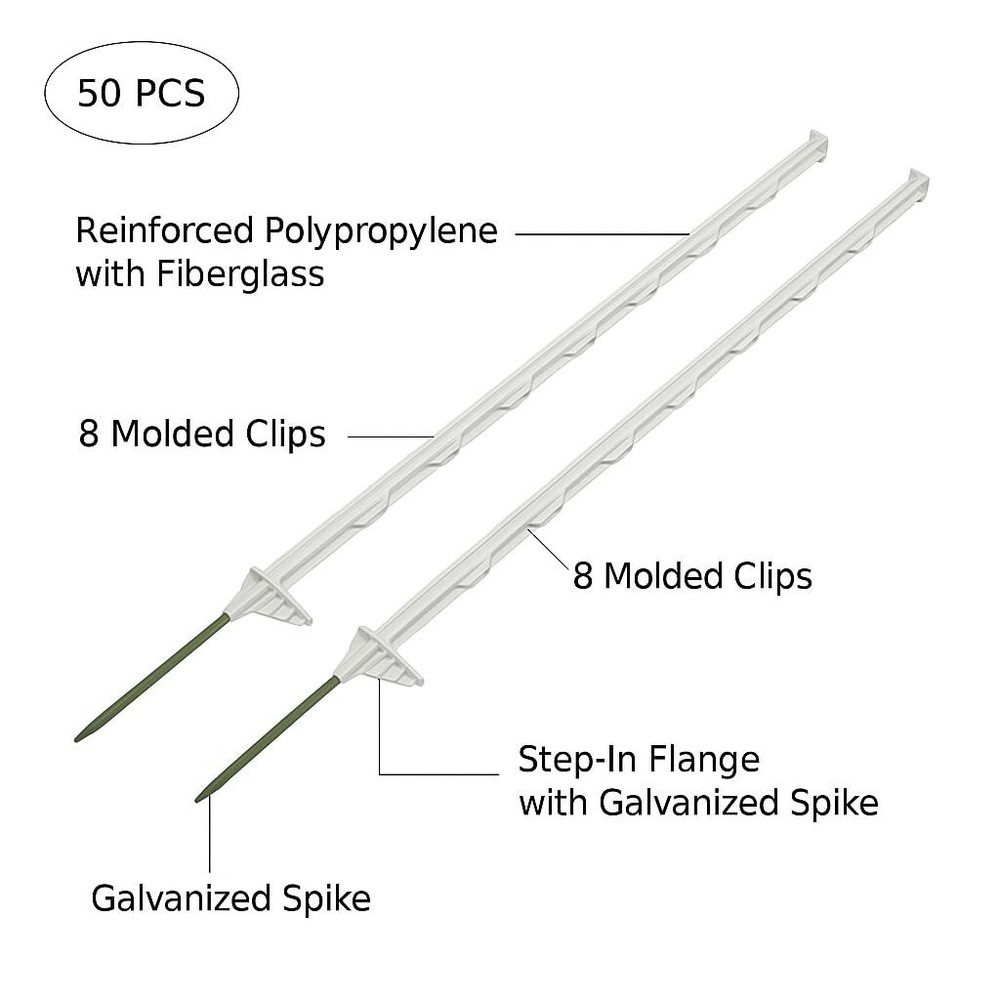 50-Pack 48" Step-in Posts with Clips – Reinforced Poly with Galvanized Spike – E