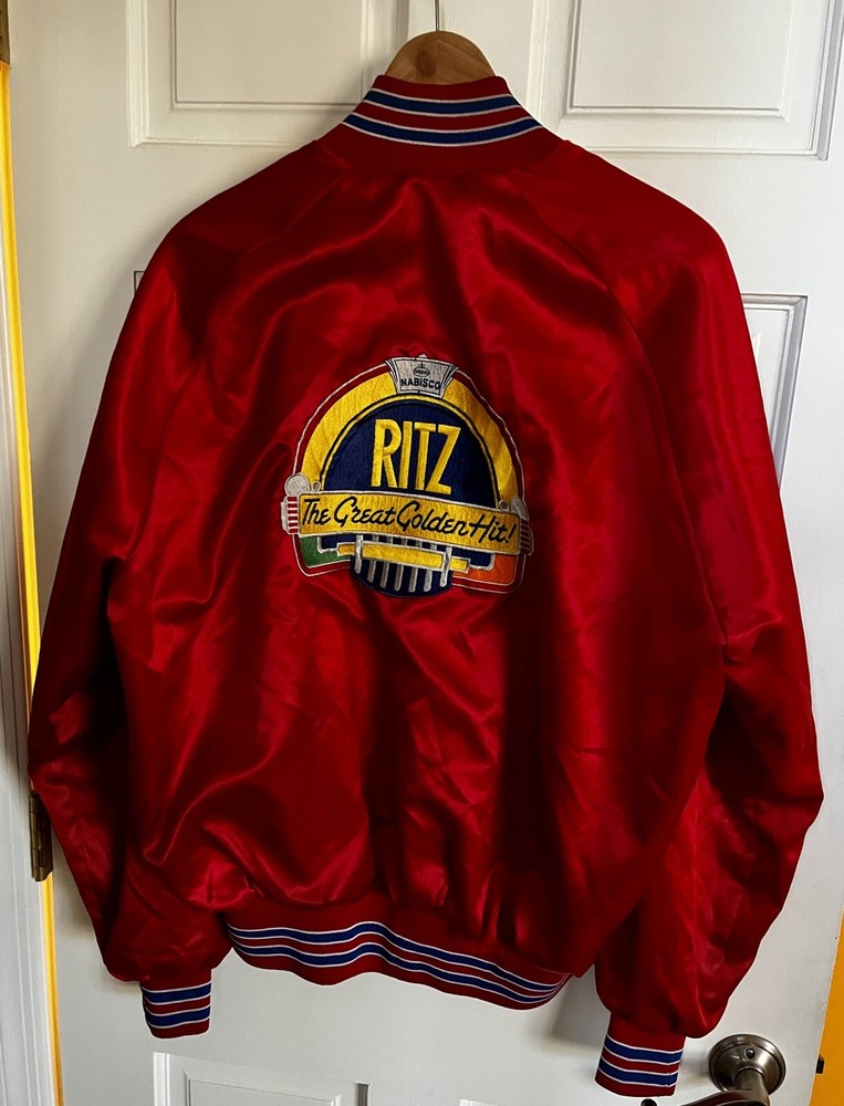 Vintage Nabisco Ritz Red Satin 3 Strikes Jukebox Bomber Jacket Size Medium