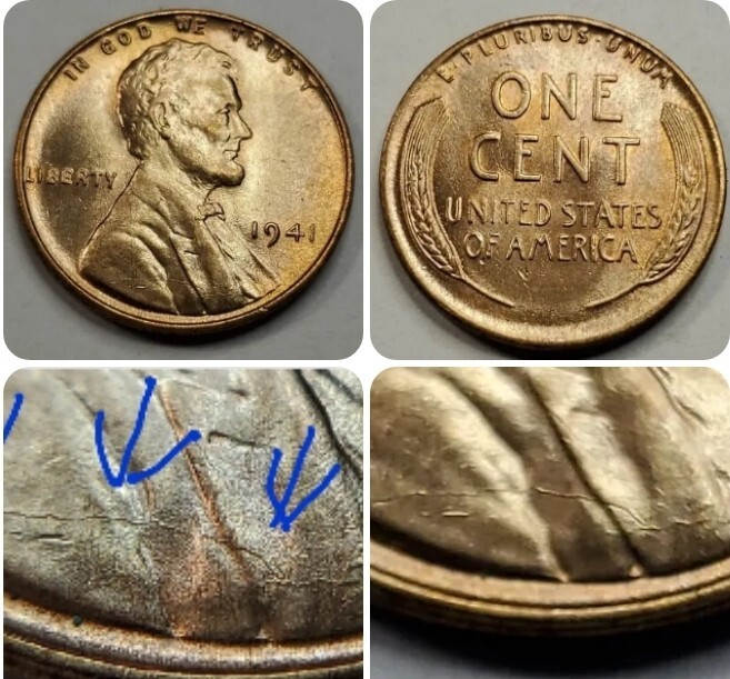 1941 P Uncirculated  Die Crack Error Lincoln wheat Cent#31