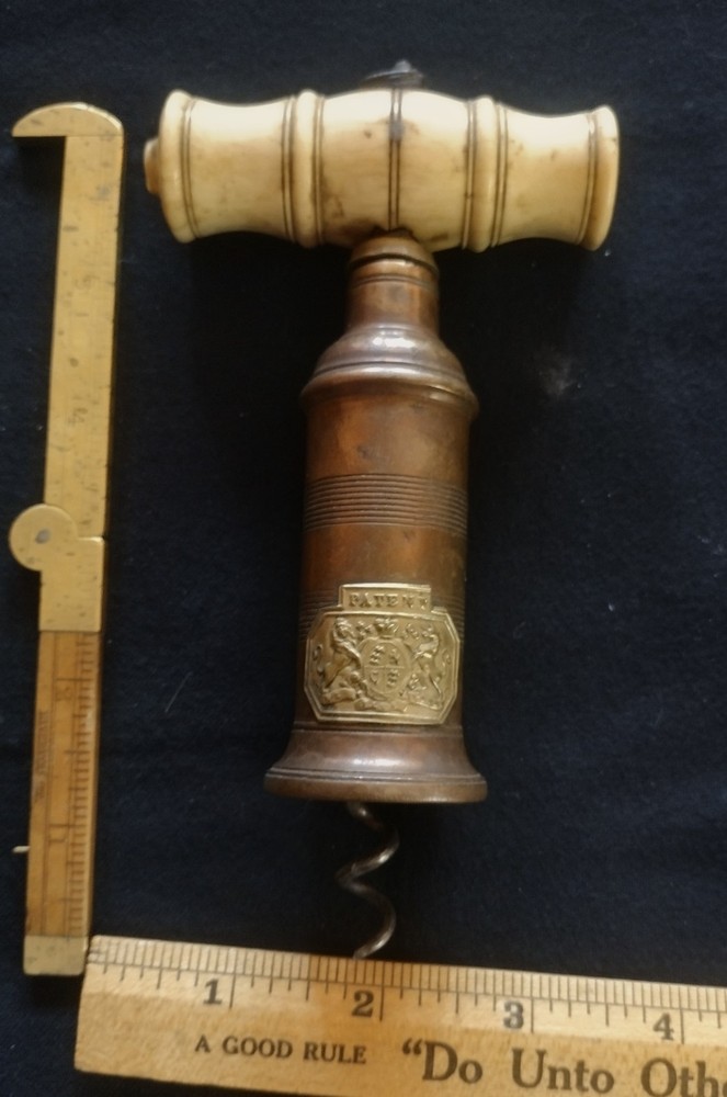 THOMASON ENGLISH DOUBLE ACTION CORKSCREW BRASS&BONE HANDLE MISSING DUSTING BRUSH