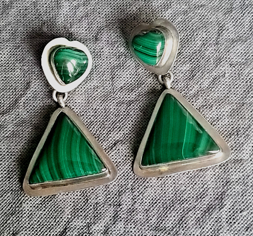 Signed Albert Platera Dangle Malachite Heart & Triangle Sterling Silver Earrings