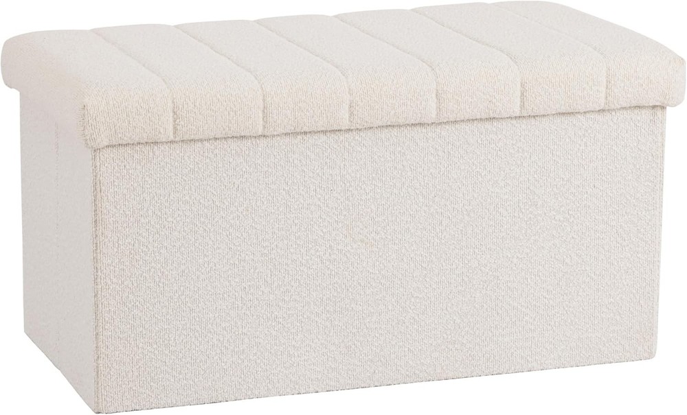Space-Saving White Boucle Storage Bench - Elegant Ottoman for Home Decor