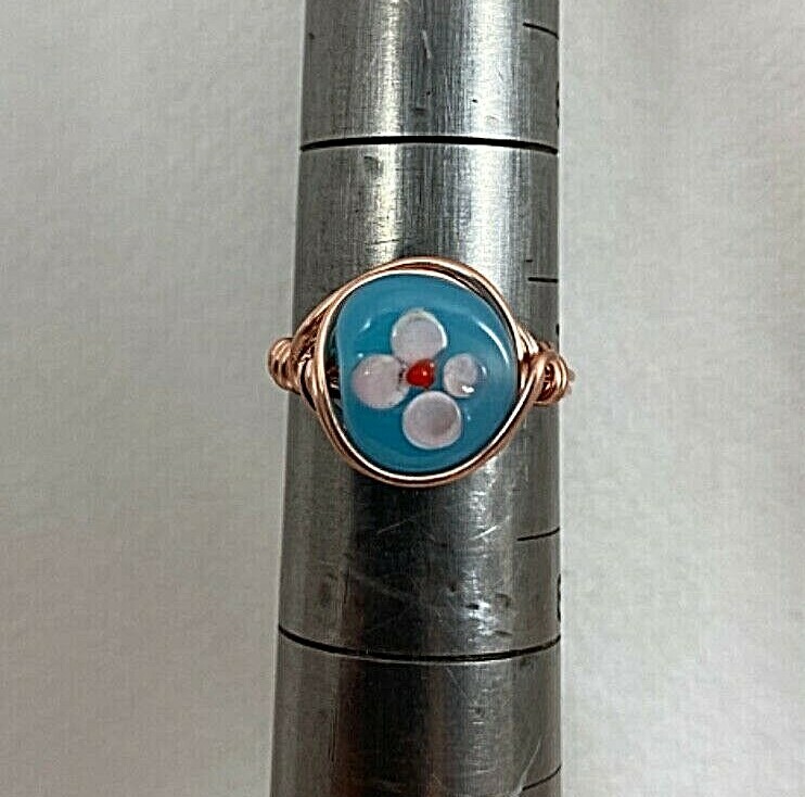 Handmade ~ Copper Wire Wrap ~ Glass Bead Ring Size 7 #69