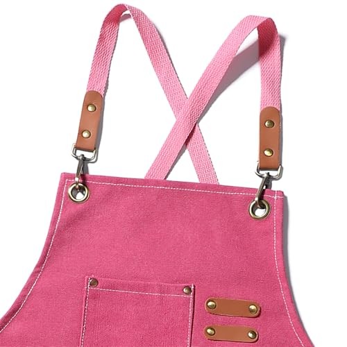 Chef Apron Medium-Thick Cotton Canvas,Cross Back with Multiple Pockets Pink
