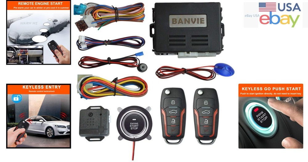 Keyless Entry Security Alarm System with Remote Engine Starter and Push Button