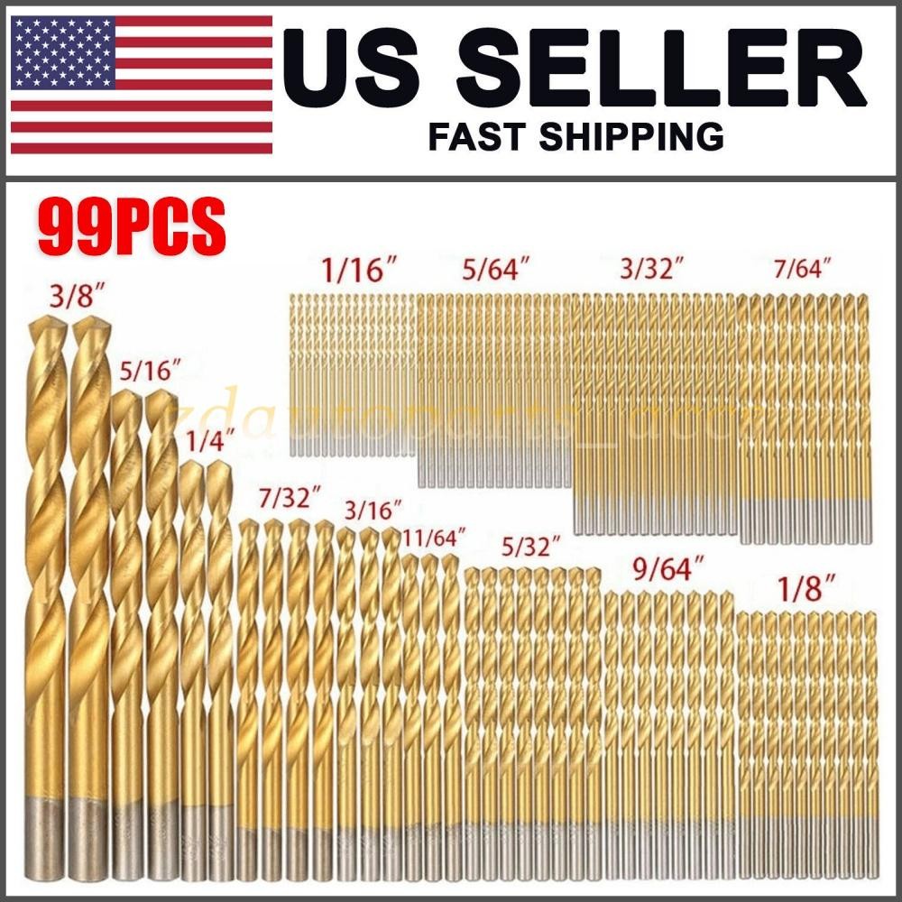 99PCS Drill Bit Set 1/16"-3/8" HSS Titanium Multi Drill Bits Twist Metal Tools