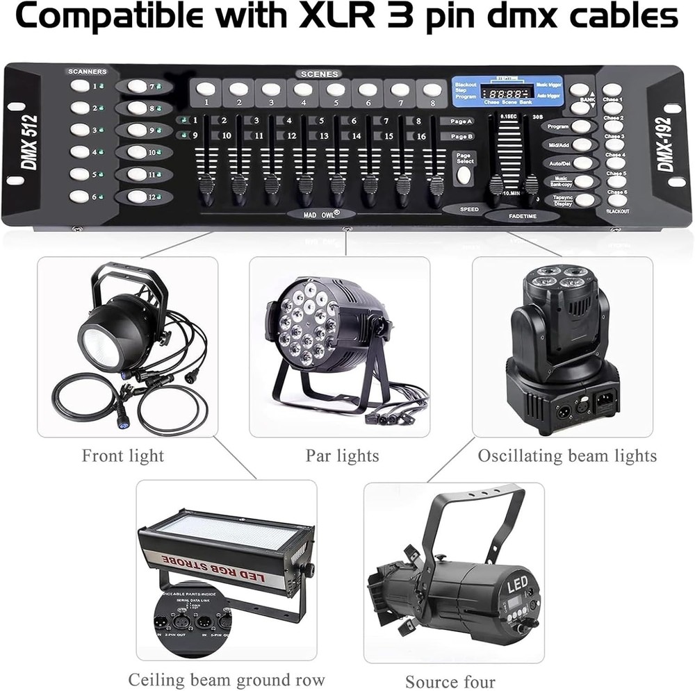 Lightweight DMX Lighting Console: 192 Channels with Easy Programming & Cables