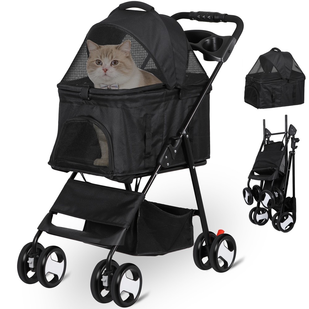 Dog Stroller Cat Stroller 3-in-1 Multifunctional with 4 Wheels Black Foldable