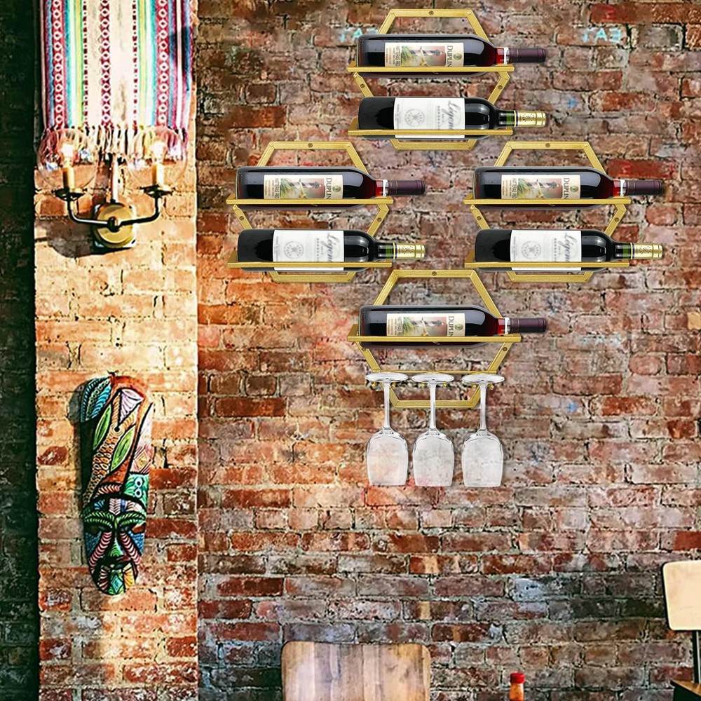 Wall Mounted Wine Bottle Rack Metal Display Holder Gold 2Pcs