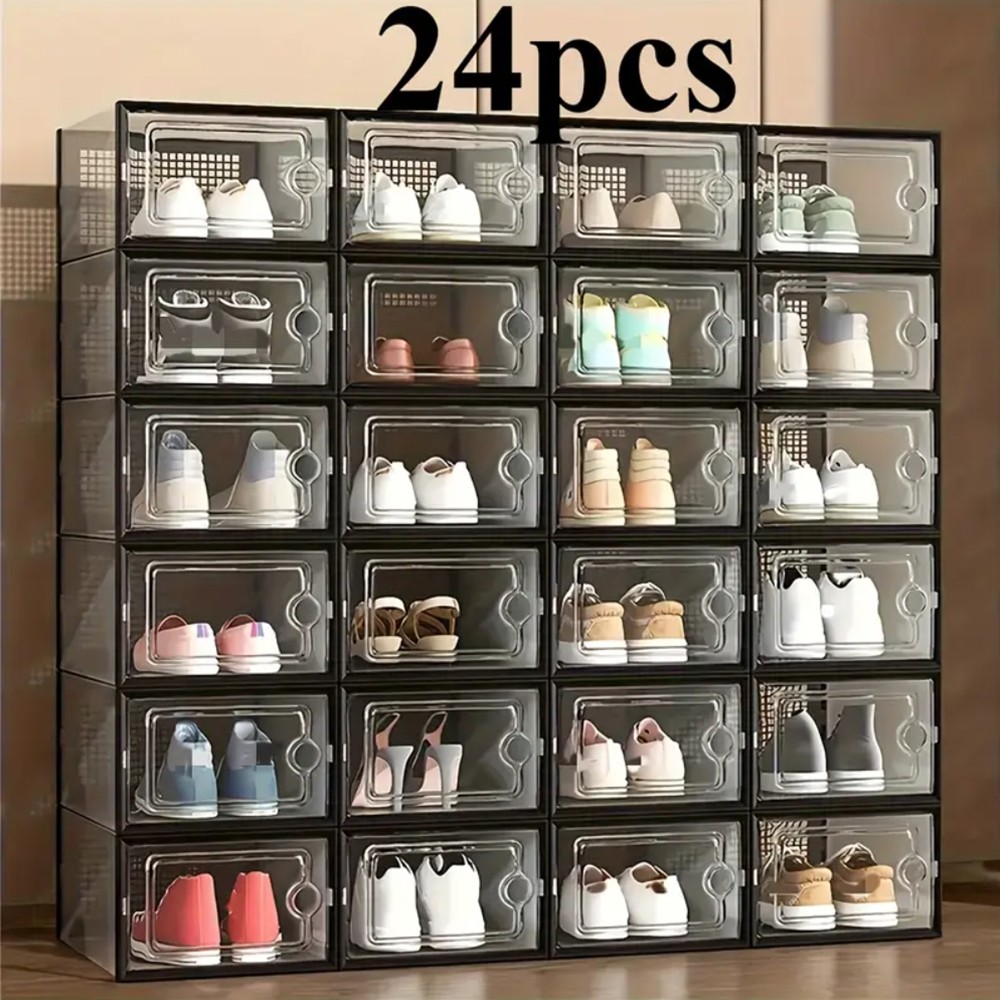 12/24PCS Transparent Shoe Box Storage Stackable Shoe Rack Organizer US 9 10 Size