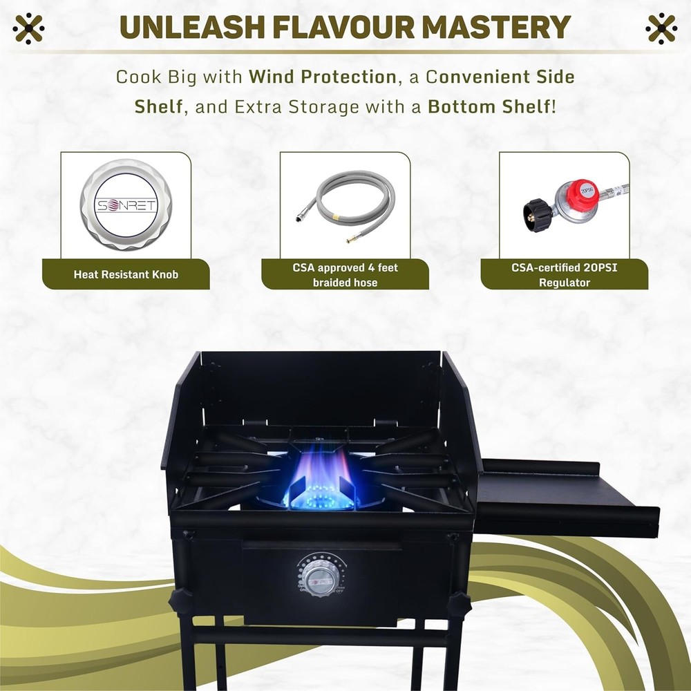 Single Burner Propane Camping Stove - with Side & Bottom Shelf and Wind Panel
