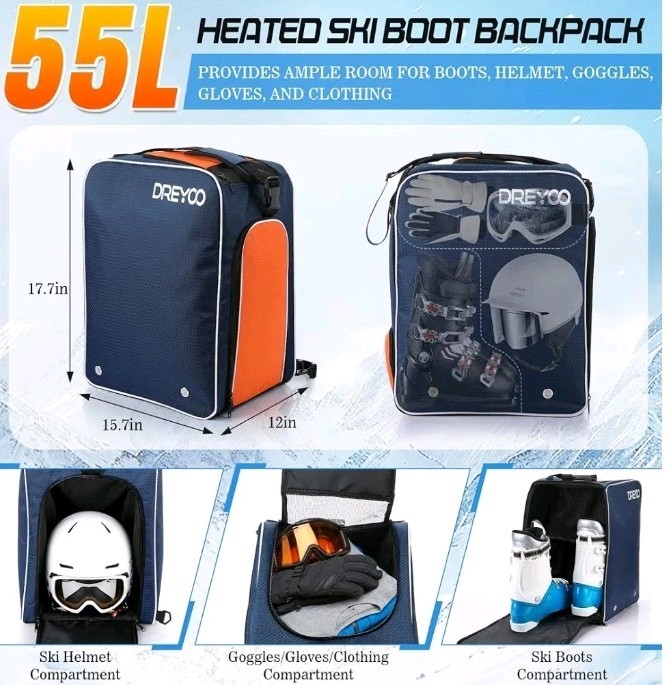 Dreyoo Heated Ski Boot Backpack 55L, 50°C Constant Temperature Boot Bag with AC