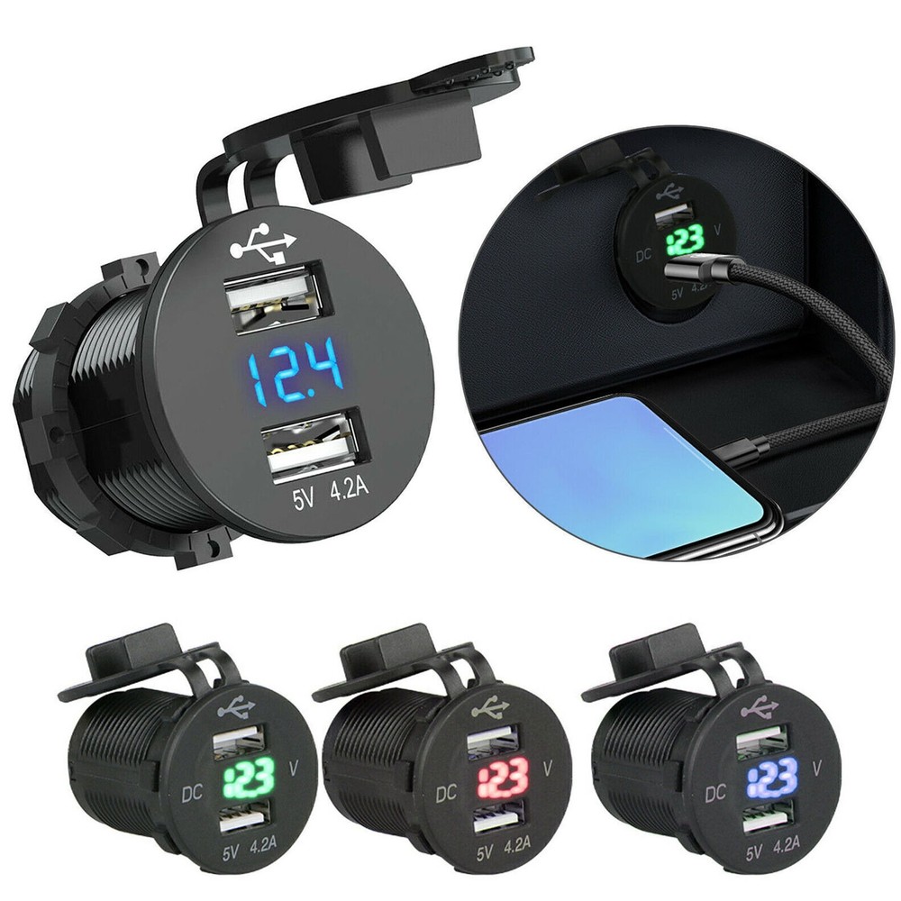 12V/24V Car Cigarette Lighter Socket Plug Dual USB Charger Adapter LED Voltmeter