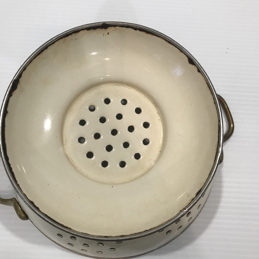 Rustic Primitive Vintage White Enamel Collander Floral Print Accent Brass Handle