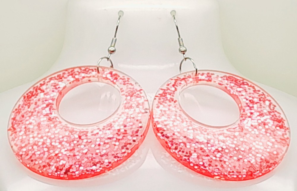 PINK round Acrylic Transparent Shape sparkle glue Elegant Dangle Drop Earrings