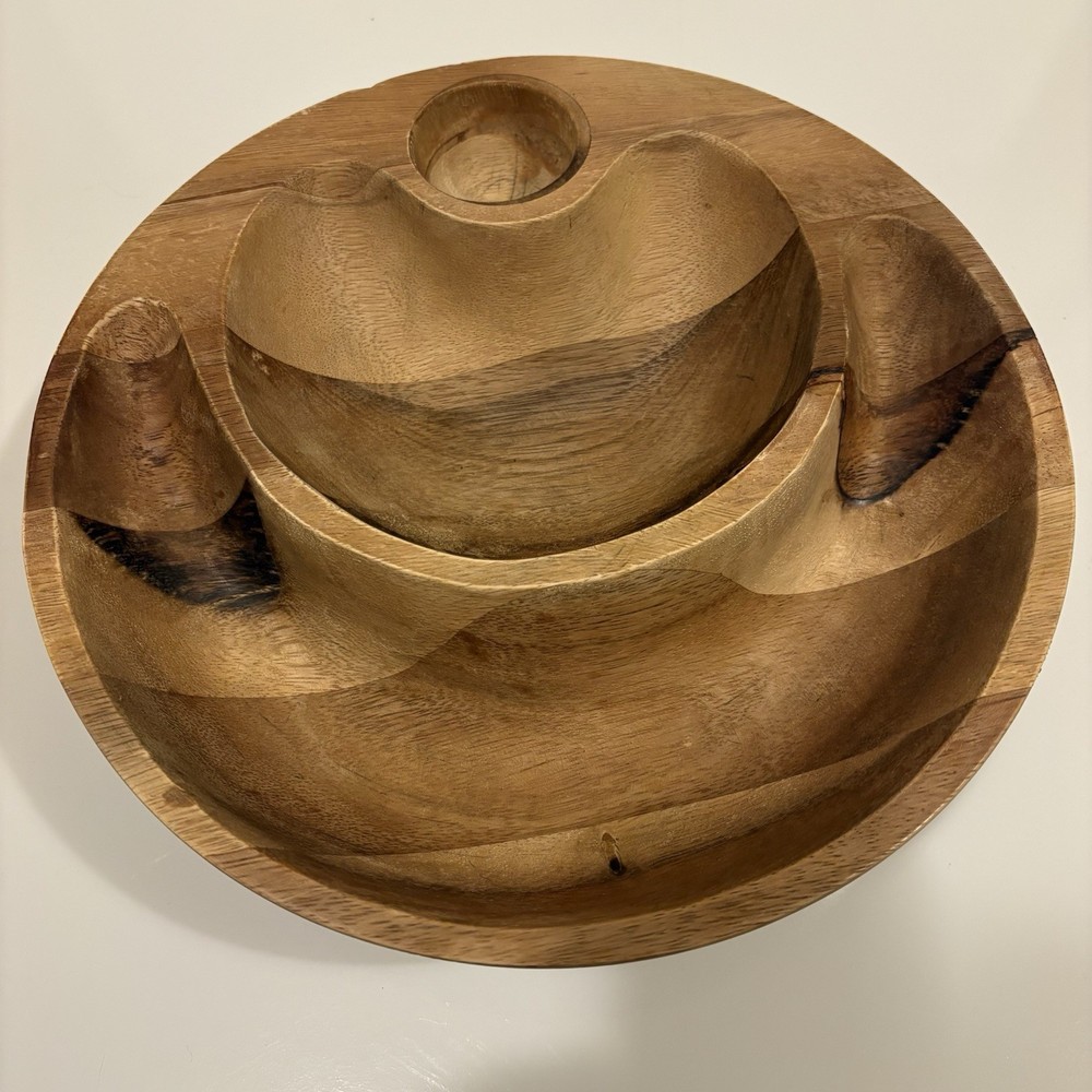 Nambe Eclipse Nut Cracker Bowl Wood (No Nutcracker) 3 Section