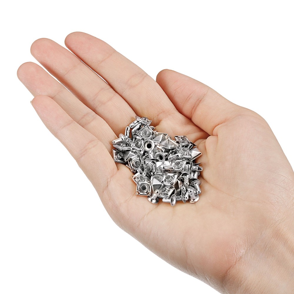 100 Sets Spike Rivet, 7mm Pyramid Rapid Rivet Studs Square Spikes, Silver Tone