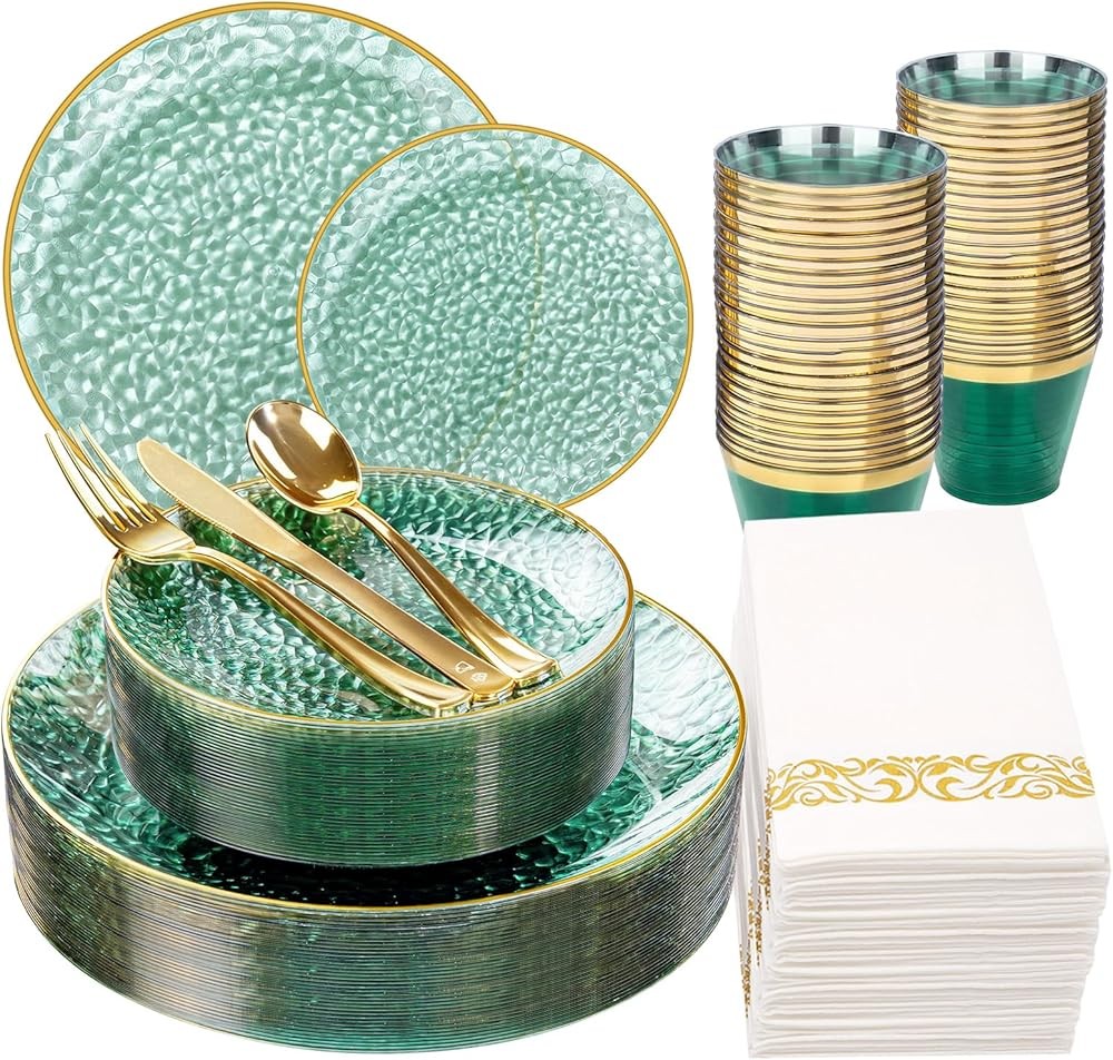 Rubtlp Plastic Dinnerware Set, Oran And Gold Plastic Plates, Hmered