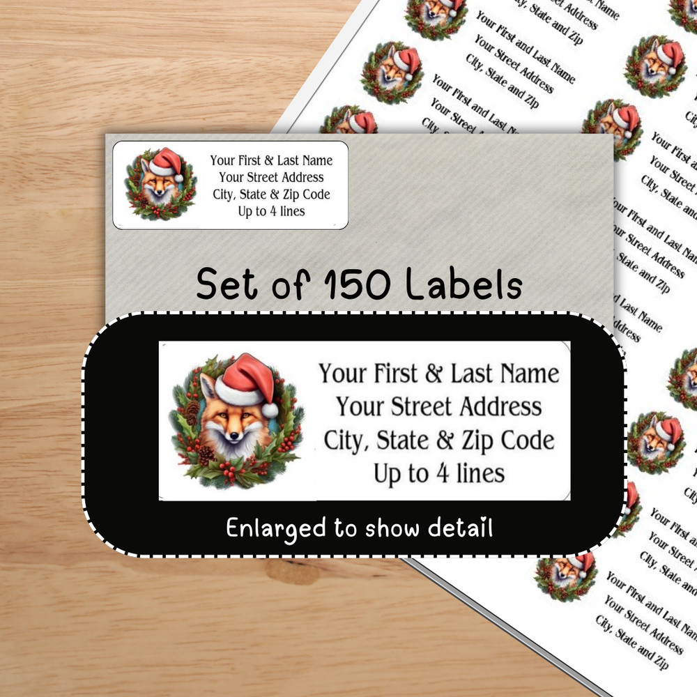 150 Christmas Red Fox in Wreath Mailing Return Address Labels Personalized