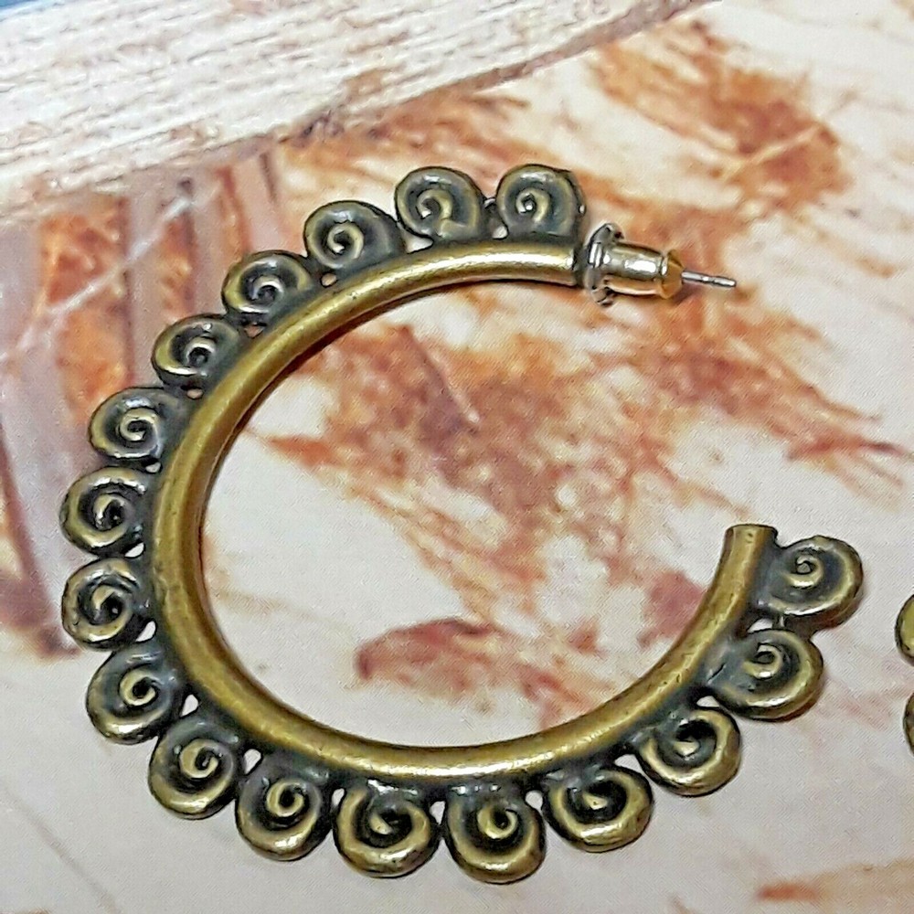 Statement Antique Gold Tone Scroll Design Hoop Earrings