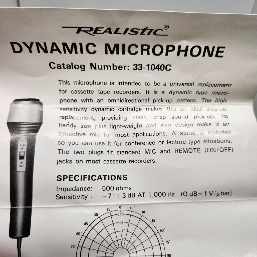 Realistic Universal Cassette Replacement Dynamic Microphone 33-1040C