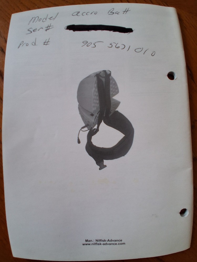 Nilfisk Advance Acro-Batt Battery powered Back Pac Vacuum. Operators / Instructi