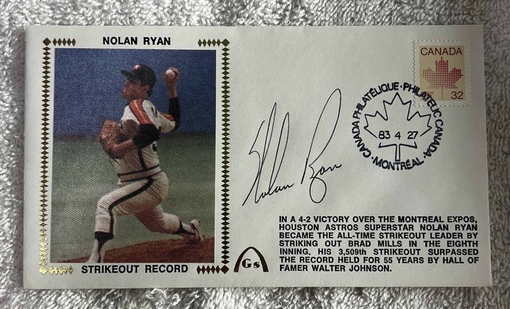 NOLAN RYAN Signed Strikeout Record Silk Gateway Baseball FDC Cachet ASTROS Auto