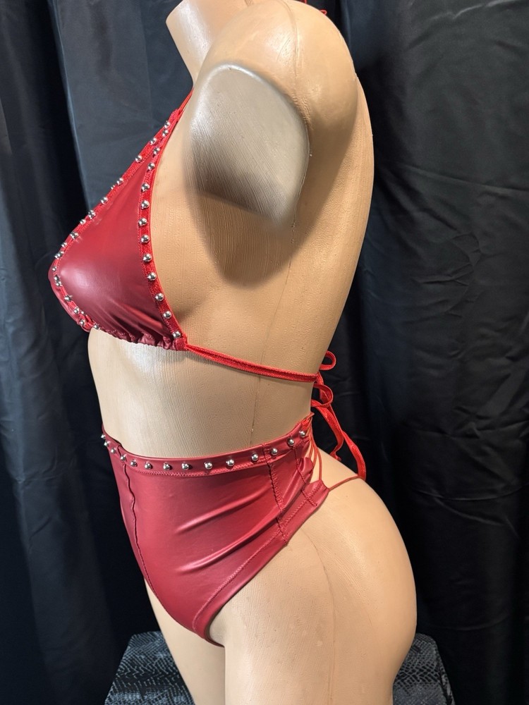 2 Piece Red Faux Leather Studded Set