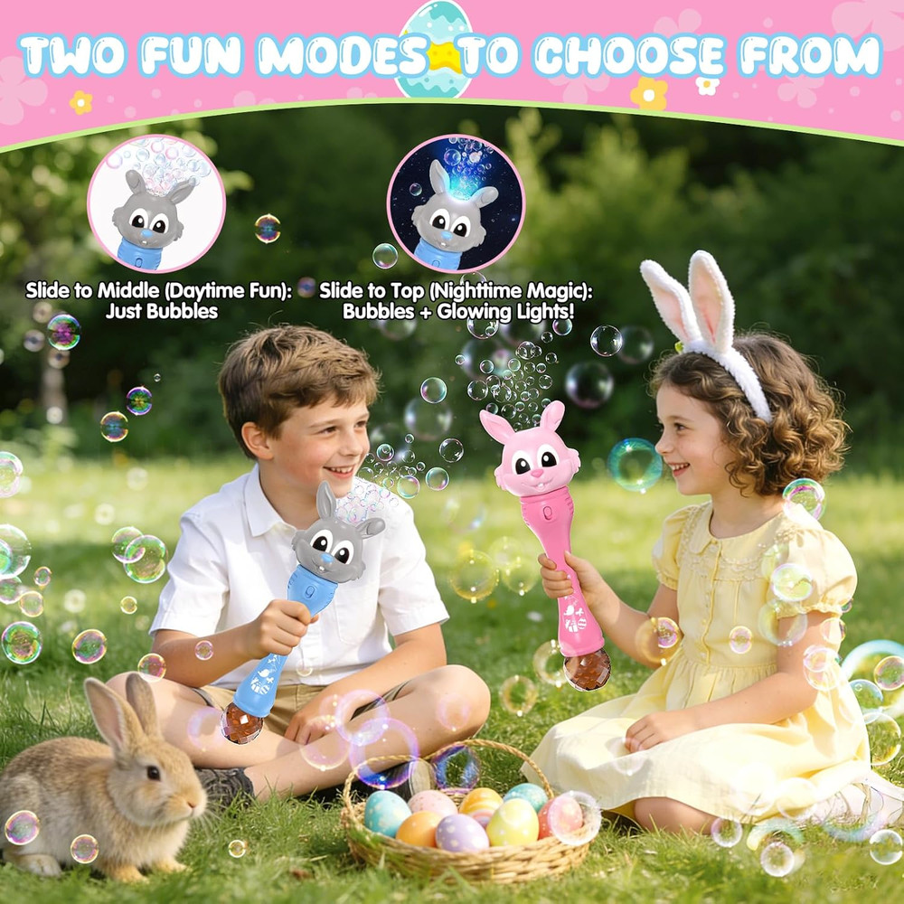 Easter Bubble Wand for Kids 2-Pack, Bunny Bubble Machine with LED Light, Bubble