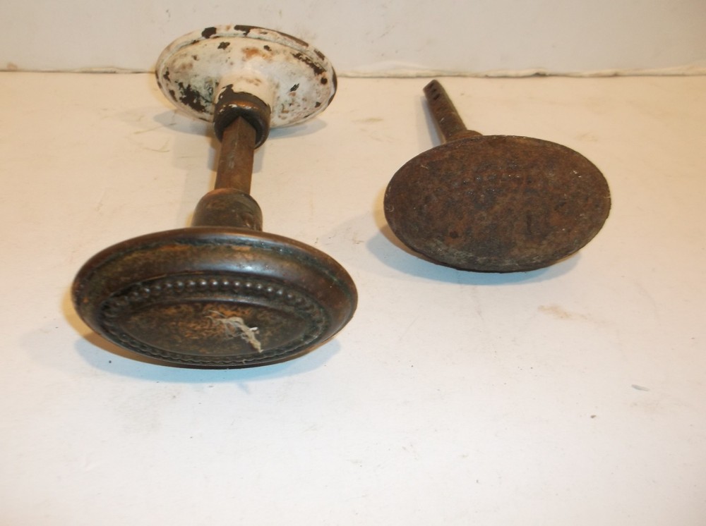 3 OVAL METAL DOOR KNOBS  w/2 spindles Restoration Projects Possibly (Copper?)
