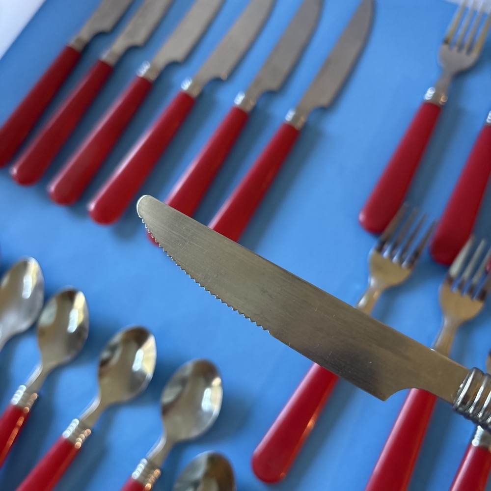 Red Handled Stainless Steel Camping Flatware